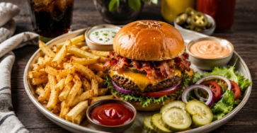 Memorial Day Burger Recipes served with cheeseburger, fries, pickles, fresh vegetables, and dipping sauces