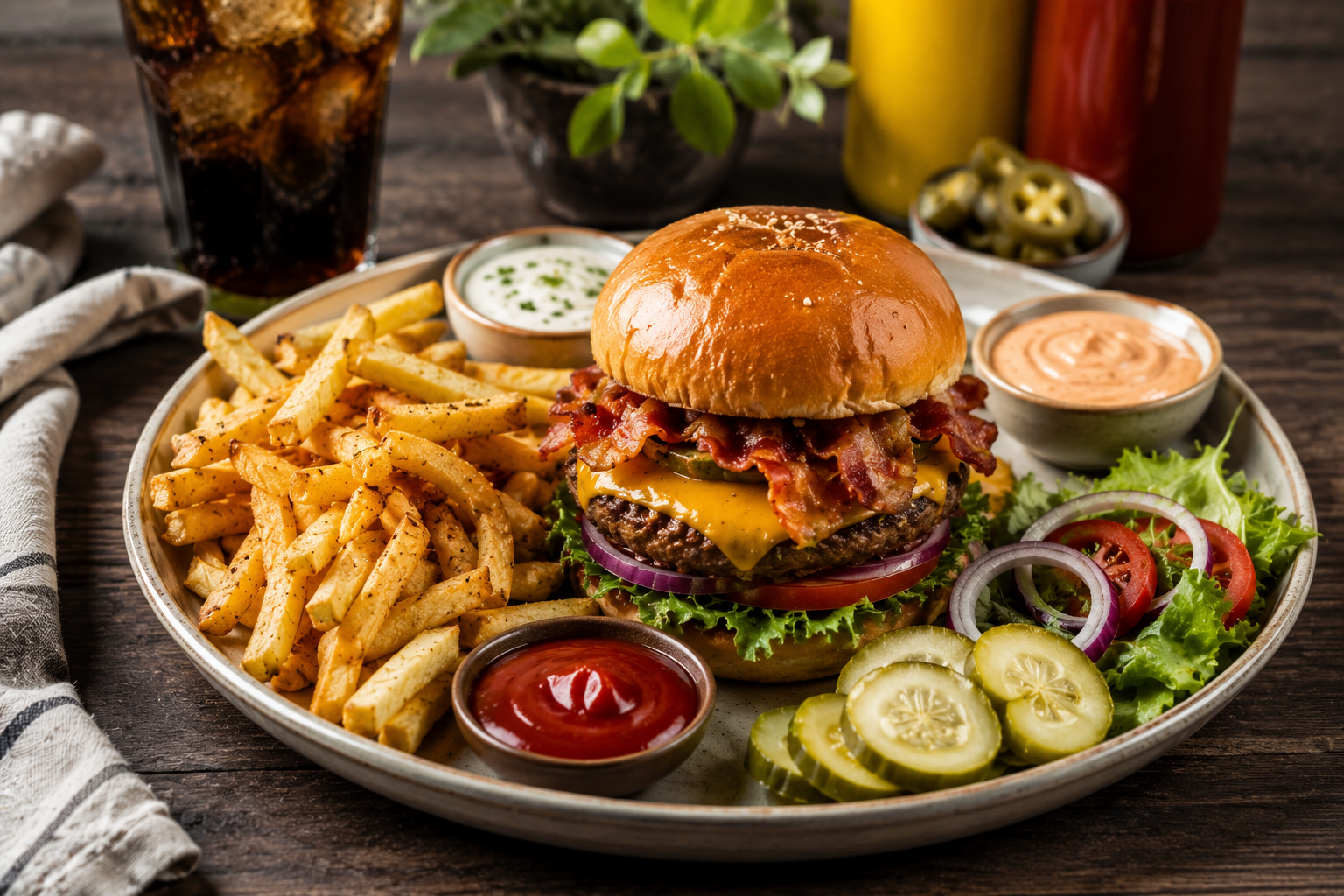 Memorial Day Burger Recipes served with cheeseburger, fries, pickles, fresh vegetables, and dipping sauces