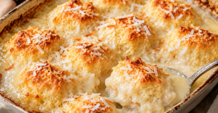 Coconut Dumpling Bake golden creamy final dish with toasted coconut topping