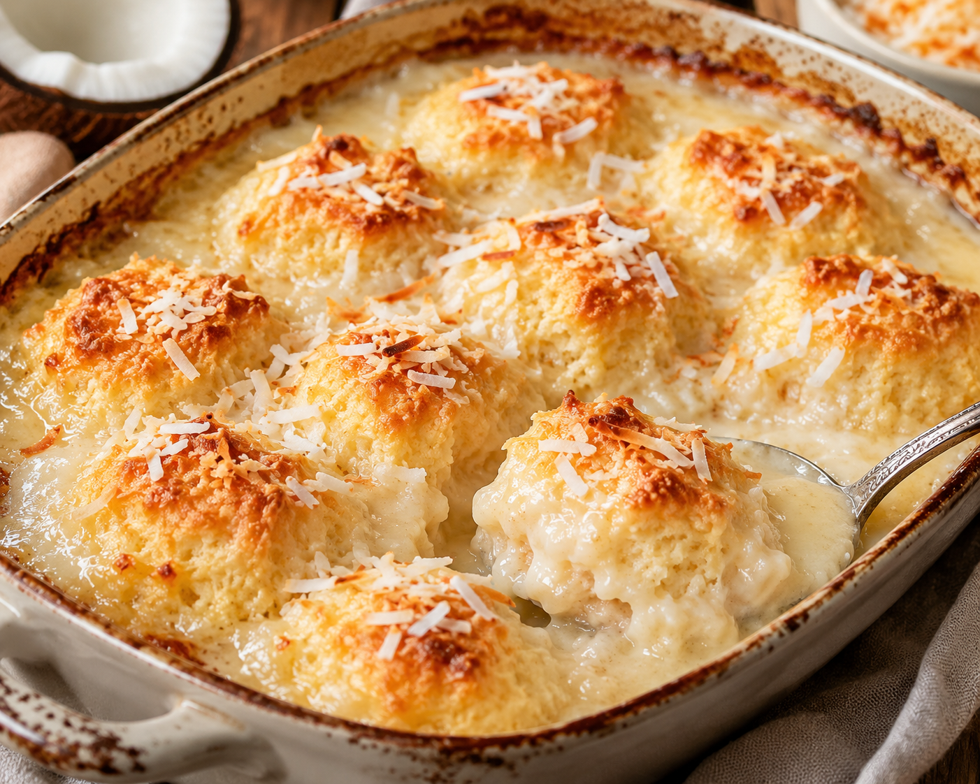 Coconut Dumpling Bake golden creamy final dish with toasted coconut topping