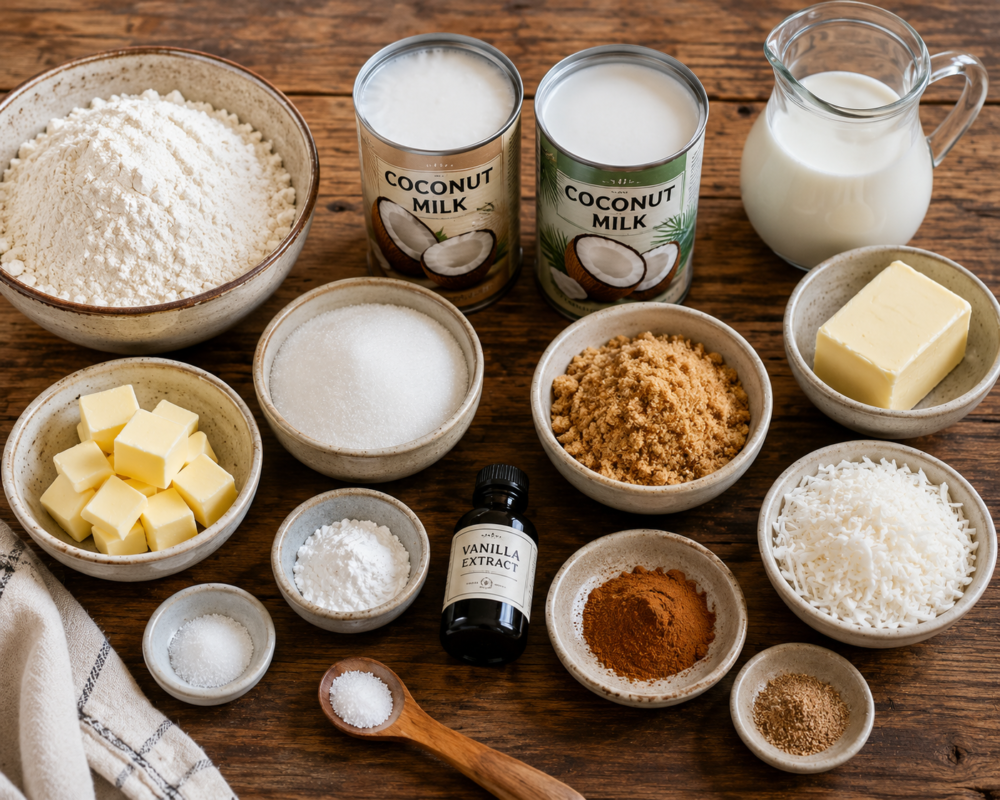 Coconut Dumpling Bake ingredients list with flour, coconut milk, sugar, butter, vanilla, cinnamon, nutmeg, and shredded coconut
