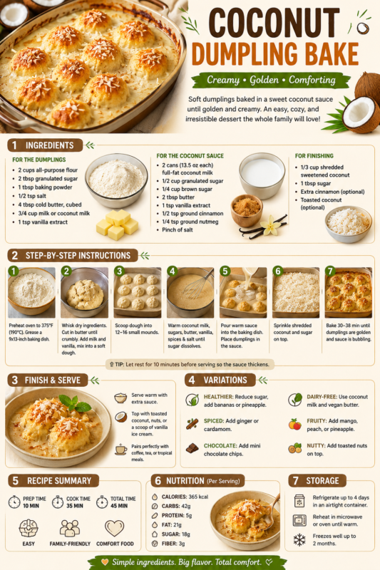 Coconut Dumpling Bake recipe infographic with ingredients, step-by-step instructions, serving tips, variations, nutrition, and storage