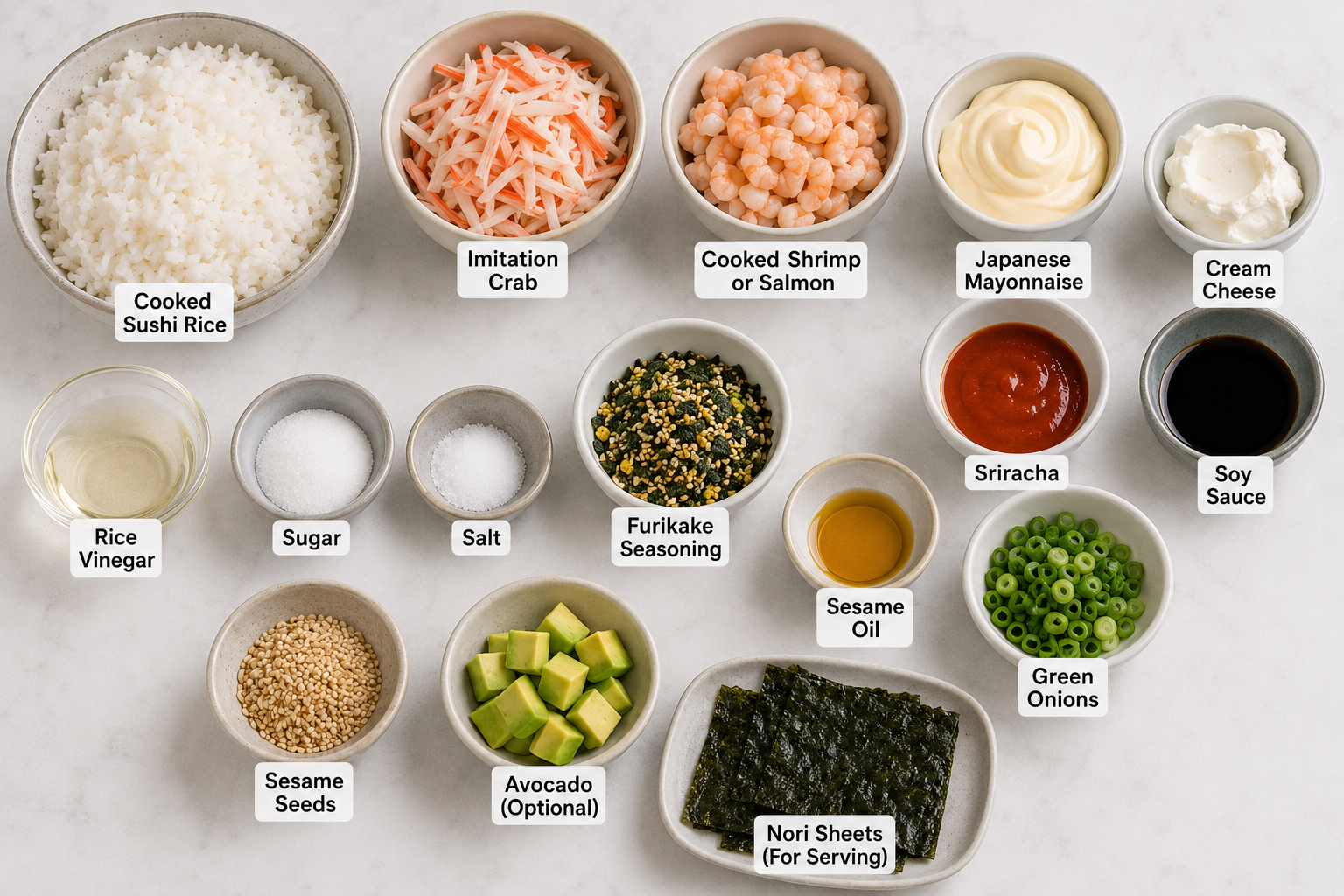 Sushi Bake ingredients with sushi rice, imitation crab, shrimp, Japanese mayonnaise, cream cheese, sriracha, soy sauce, furikake, sesame seeds, avocado, and nori sheets