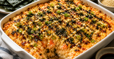 Sushi Bake creamy golden final dish with seafood, spicy mayo, furikake, sesame seeds, green onions, and nori sheets