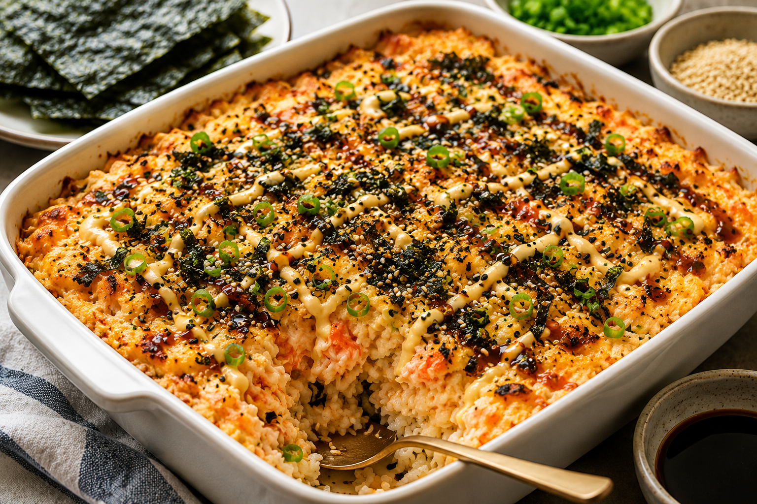 Sushi Bake creamy golden final dish with seafood, spicy mayo, furikake, sesame seeds, green onions, and nori sheets
