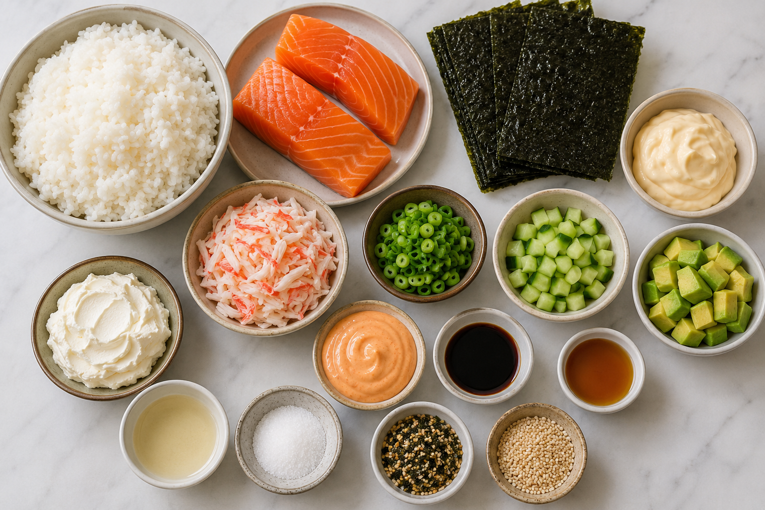 Salmon Sushi Bake ingredients with sushi rice, salmon, seaweed, avocado, cucumber, spicy mayo, and toppings