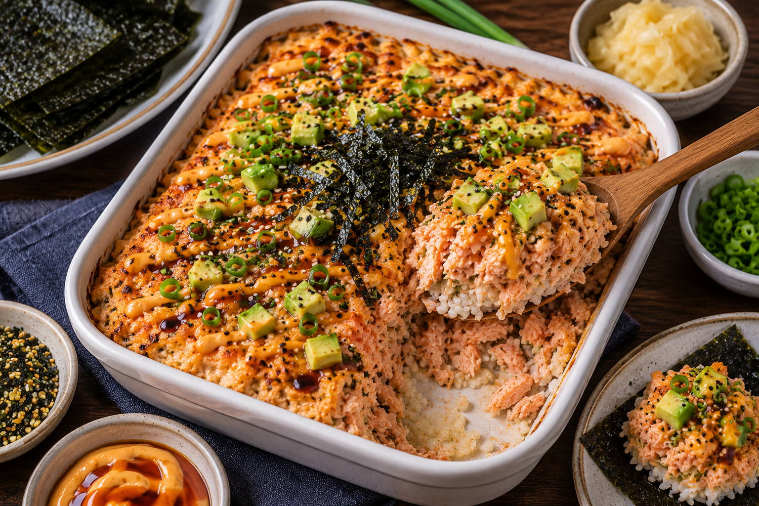 Salmon Sushi Bake final dish with creamy baked salmon, sushi rice, avocado, seaweed, spicy mayo, and green onions