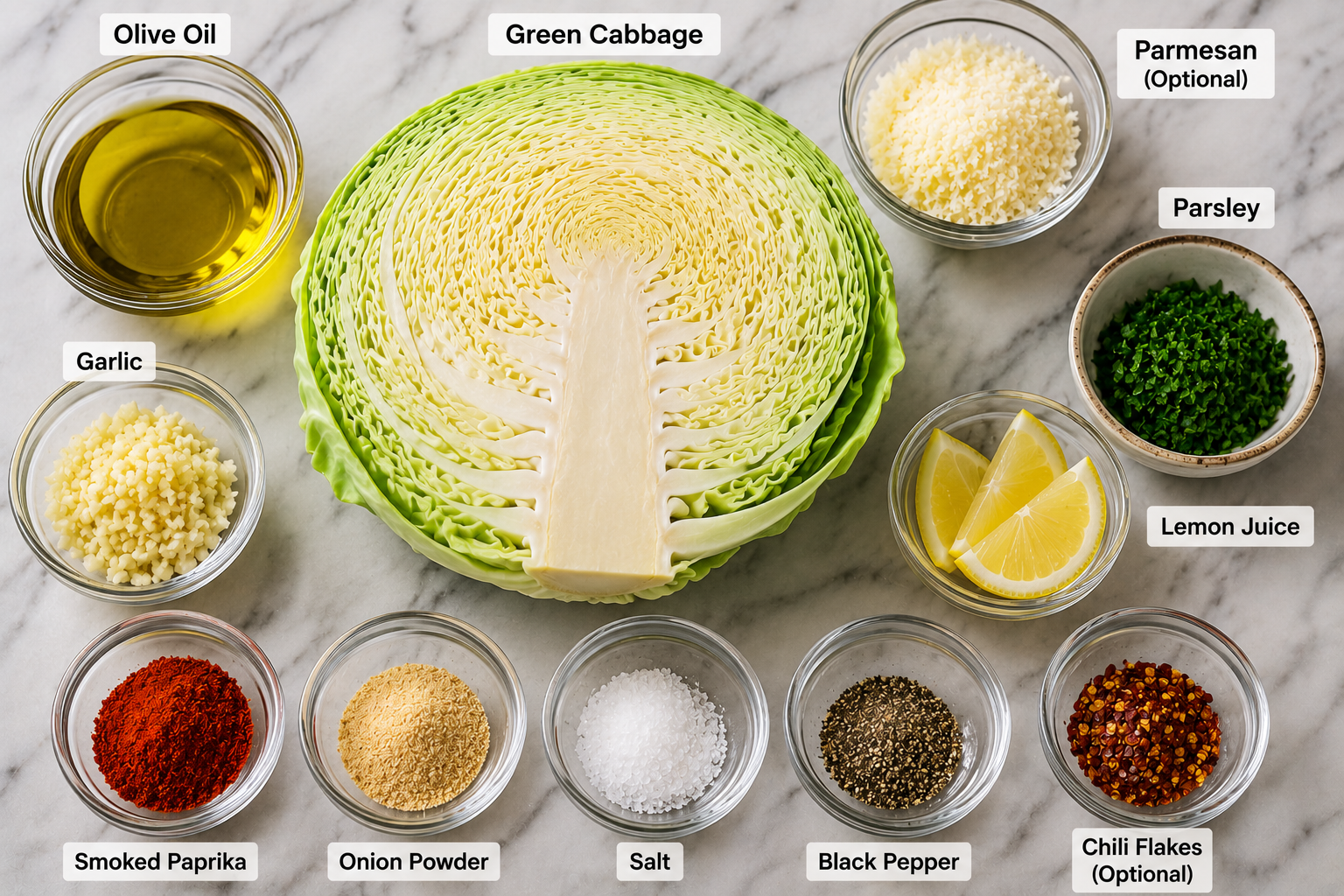 Cabbage Steaks ingredients with green cabbage, olive oil, garlic, smoked paprika, onion powder, lemon, parsley, parmesan, salt, pepper, and chili flakes