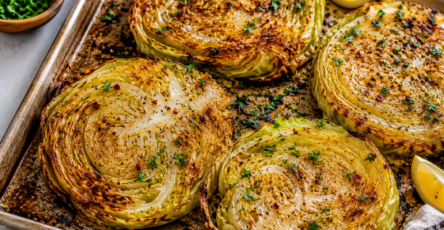 Cabbage Steaks final dish with crispy roasted cabbage slices, golden edges, parsley, lemon wedges, and savory spices