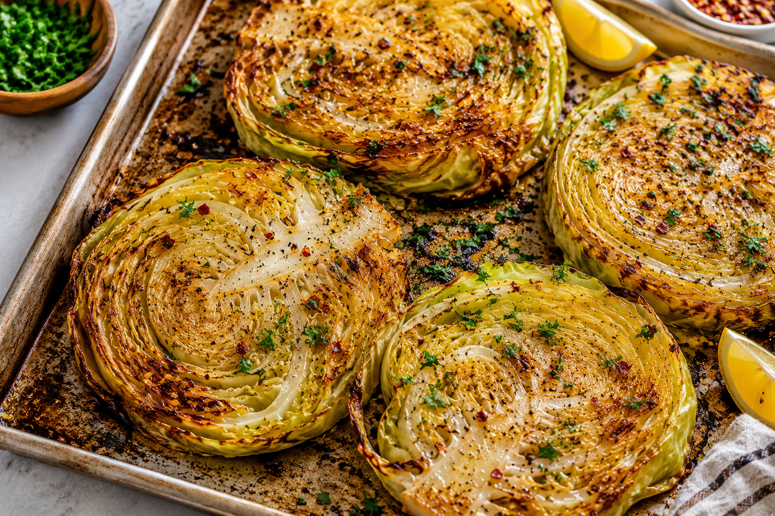 Cabbage Steaks final dish with crispy roasted cabbage slices, golden edges, parsley, lemon wedges, and savory spices