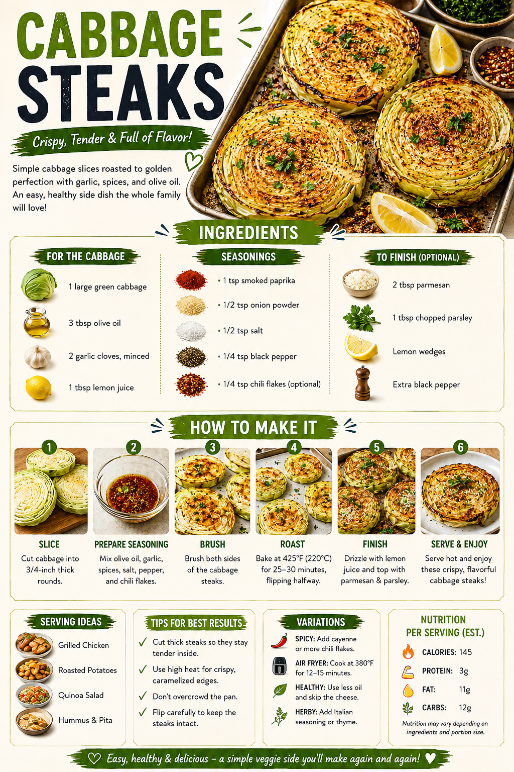 Cabbage Steaks recipe infographic with ingredients, roasting steps, serving ideas, tips, variations, and nutrition information