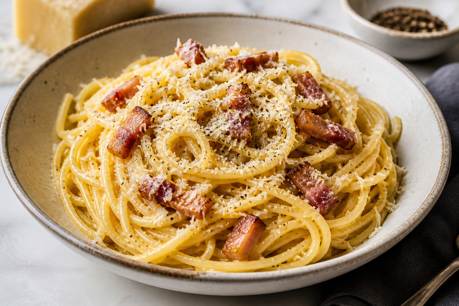 Spaghetti Carbonara final dish with Pecorino and black pepper