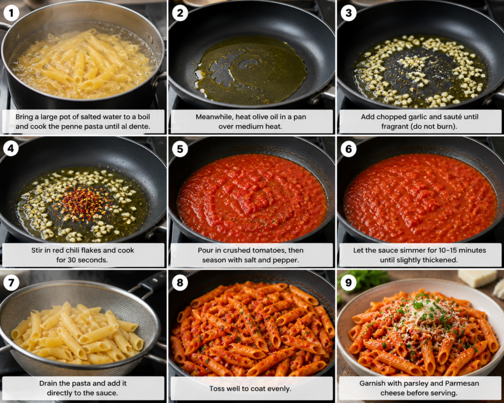 Penne Arrabbiata final spicy pasta dish with parsley