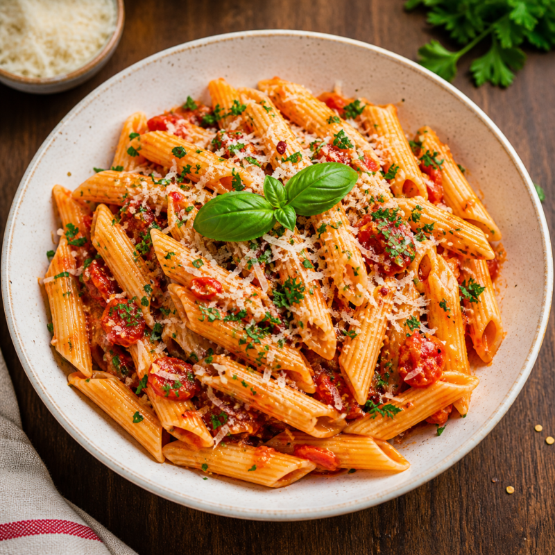 Penne Arrabbiata pasta with spicy tomato sauce, garlic, and parmesan cheese