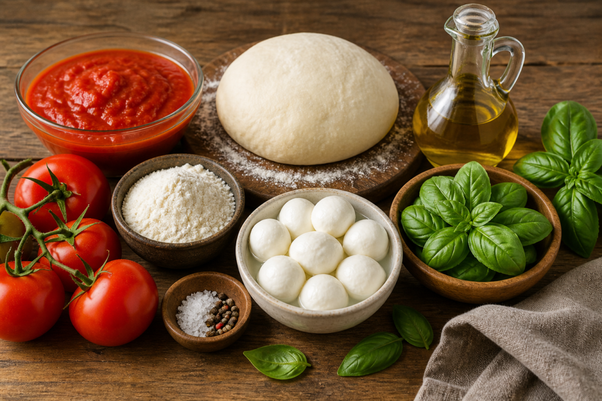 Margherita Pizza ingredients list with dough, tomato sauce, mozzarella, basil, and olive oil