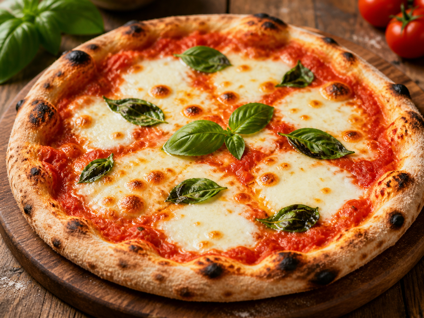Margherita Pizza with melted mozzarella, fresh basil, and golden crust