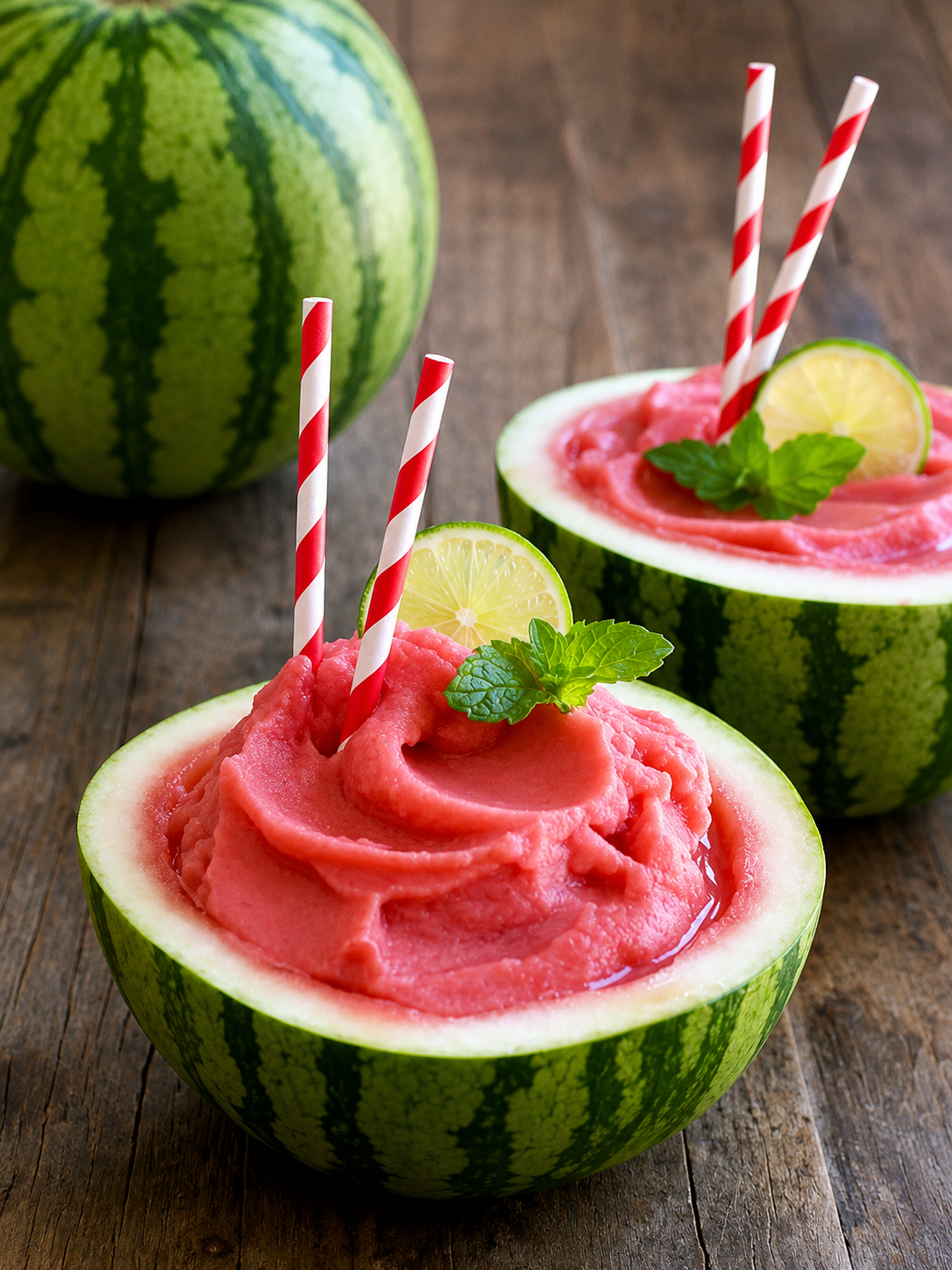 Two vibrant pink frozen watermelon slushies served inside hollowed-out watermelon bowls, topped with lime slices, fresh mint, and red striped straws.