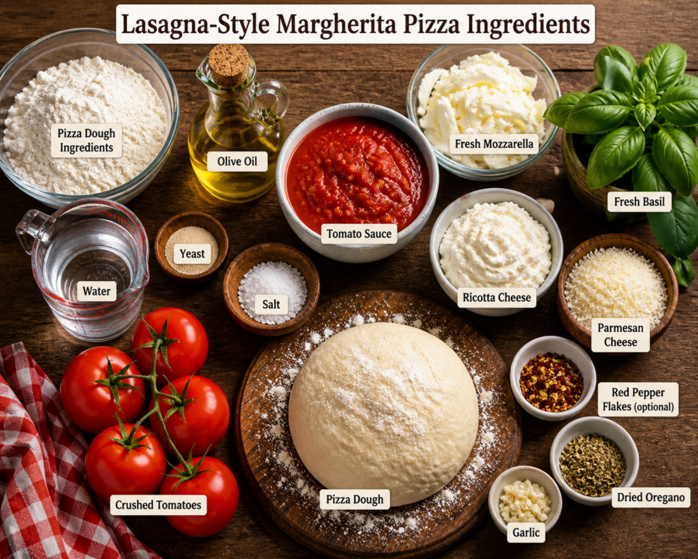 Lasagna-style Margherita pizza ingredients list