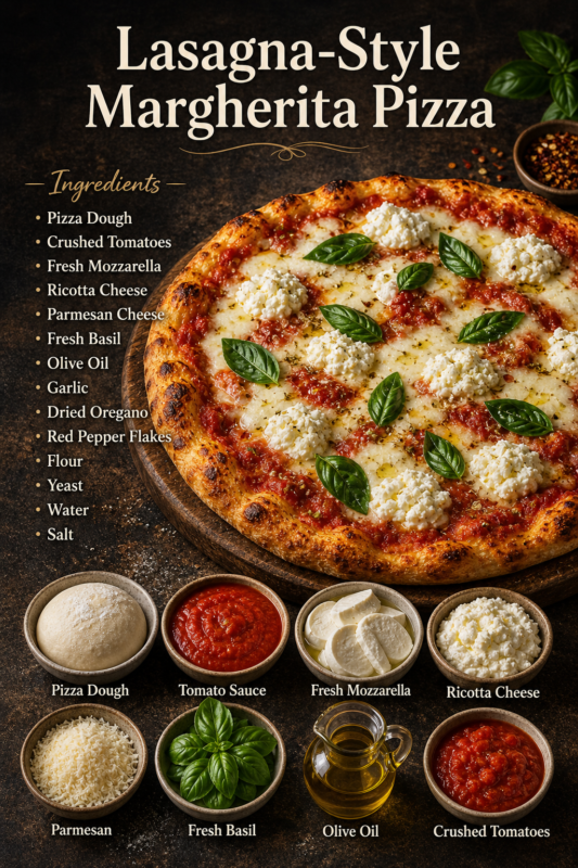Lasagna-style Margherita pizza recipe with ingredients