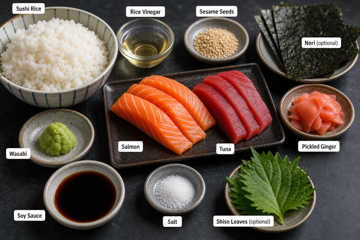 Nigiri Sushi ingredients with sushi rice, salmon, tuna, wasabi, soy sauce, and pickled ginger