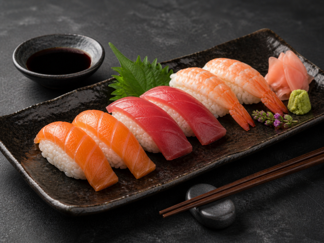 Nigiri Sushi plated with salmon, tuna, shrimp, wasabi, soy sauce, and pickled ginger