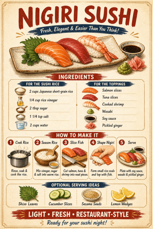 Nigiri Sushi recipe infographic with ingredients and step-by-step instructions