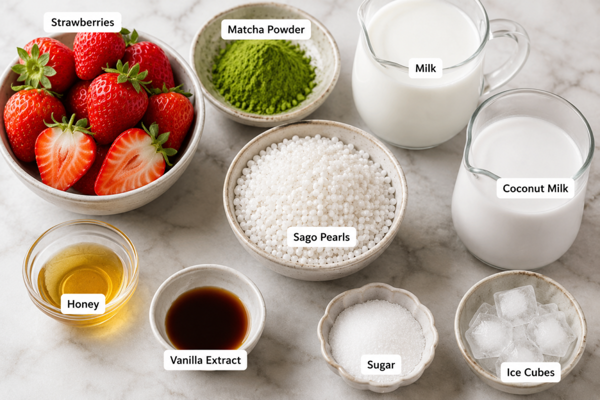 Viral Matcha Strawberry Sago ingredients with matcha powder, strawberries, milk, coconut milk, and sago pearls
