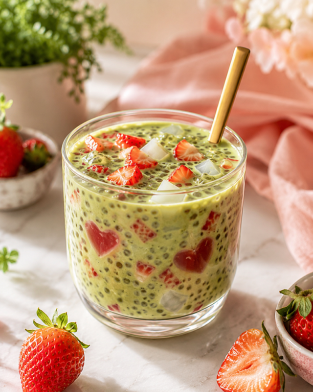Viral Matcha Strawberry Sago dessert with strawberries, matcha, coconut milk, sago pearls, and jelly hearts