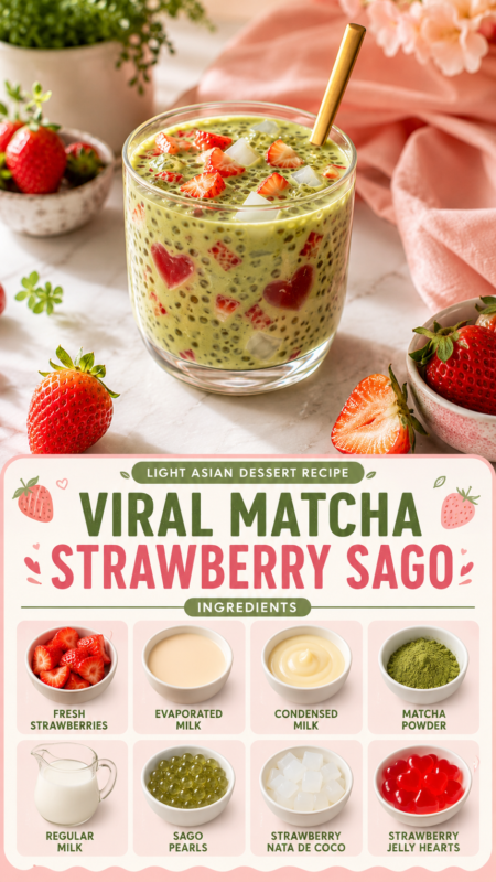 Viral Matcha Strawberry Sago dessert with strawberries, matcha powder, milk, coconut milk, sago pearls, and ingredients