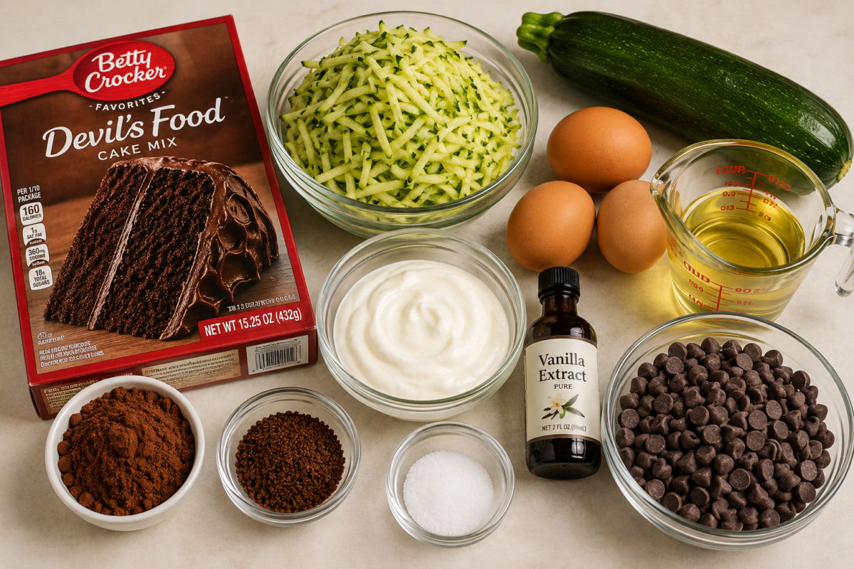 Easy Cake Mix Double Chocolate Zucchini Bread ingredients with cake mix, zucchini, eggs, oil, sour cream, and chocolate chips