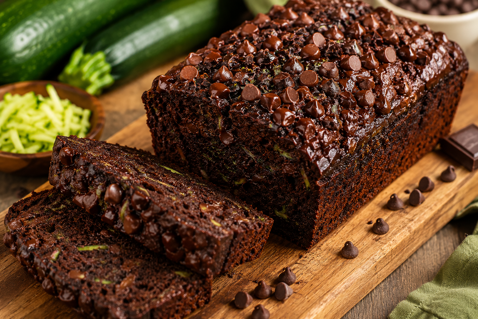 Easy Cake Mix Double Chocolate Zucchini Bread sliced loaf with chocolate chips and fresh zucchini