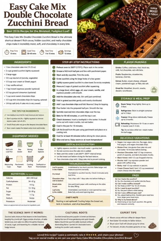 Easy Cake Mix Double Chocolate Zucchini Bread recipe infographic with ingredients, baking steps, tips, nutrition, and storage