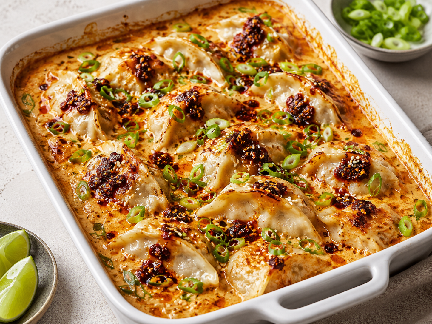 Creamy Viral Dumpling Bake served fresh with scallions, sesame seeds, chili crisp, and lime wedges