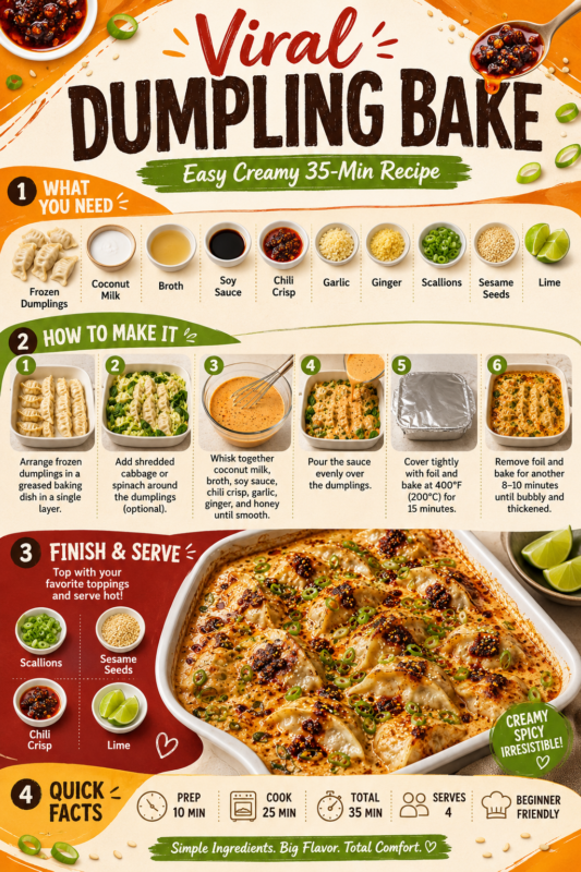 Viral Dumpling Bake recipe guide with ingredients, step-by-step instructions, and quick cooking facts