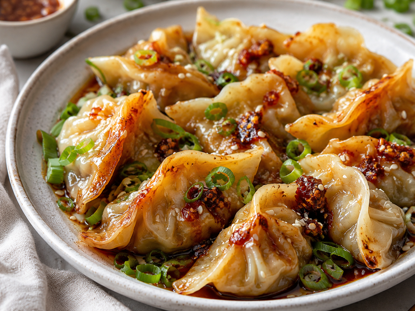 One Pan Baked Dumplings served with sesame seeds, green onions, chili crisp, and fresh herbs