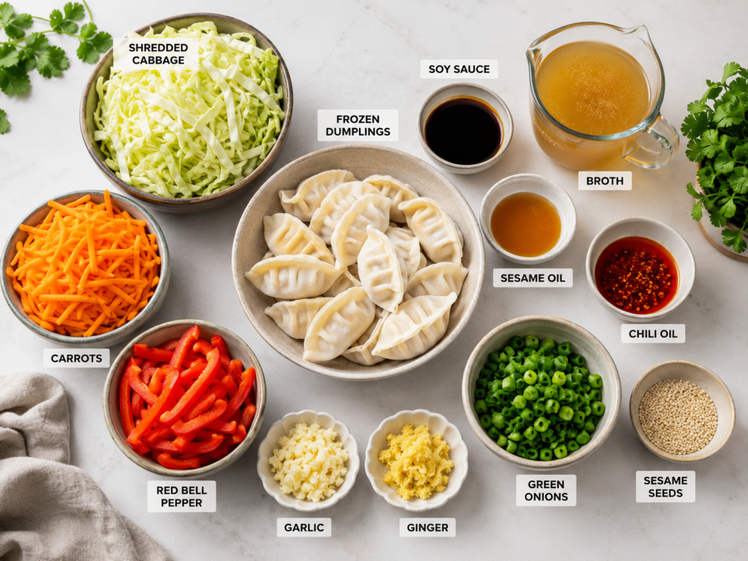 One Pan Baked Dumplings ingredients list with dumplings, cabbage, carrots, red bell pepper, green onions, garlic, ginger, soy sauce, sesame oil, broth, sesame seeds, and chili oil