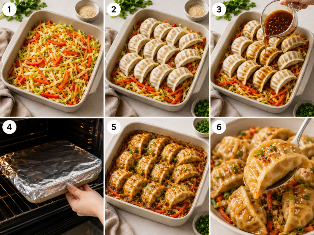 One Pan Baked Dumplings ingredients list with dumplings, cabbage, carrots, red bell pepper, green onions, garlic, ginger, soy sauce, sesame oil, broth, sesame seeds, and chili oil