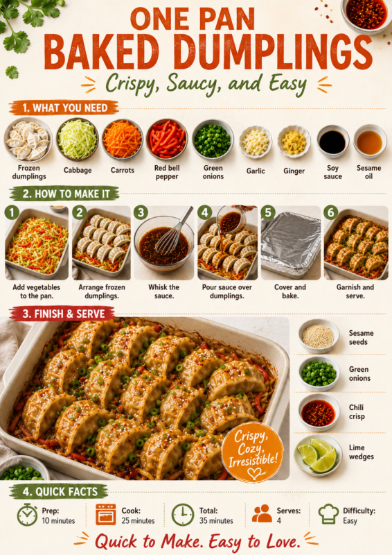 One Pan Baked Dumplings vertical recipe infographic with ingredients, cooking steps, quick facts, and serving tips