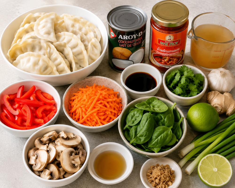 Red Curry Dumpling Bake ingredients with coconut milk, red curry paste, vegetables, herbs, lime, and frozen dumplings