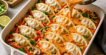 Red Curry Dumpling Bake with creamy coconut red curry sauce, dumplings, vegetables, herbs, and lime