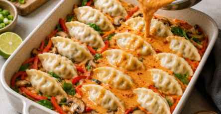 Red Curry Dumpling Bake with creamy coconut red curry sauce, dumplings, vegetables, herbs, and lime