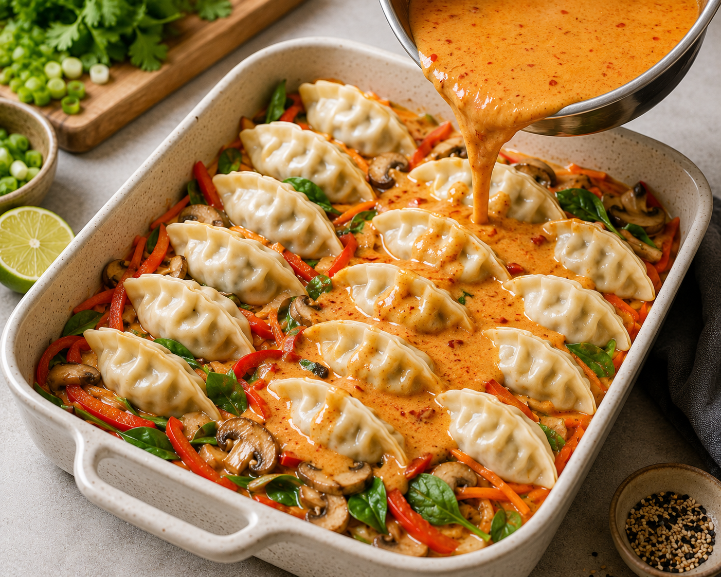 Red Curry Dumpling Bake with creamy coconut red curry sauce, dumplings, vegetables, herbs, and lime