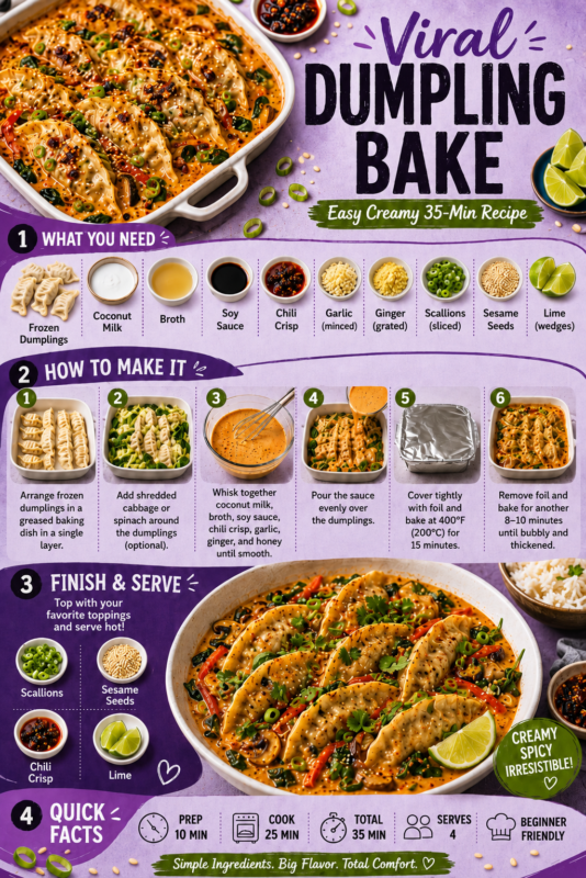 Red Curry Dumpling Bake infographic with ingredients, step-by-step instructions, toppings, and quick recipe facts