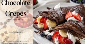 Chocolate crepes filled with strawberries, bananas, whipped cream, and chocolate drizzle on a white plate