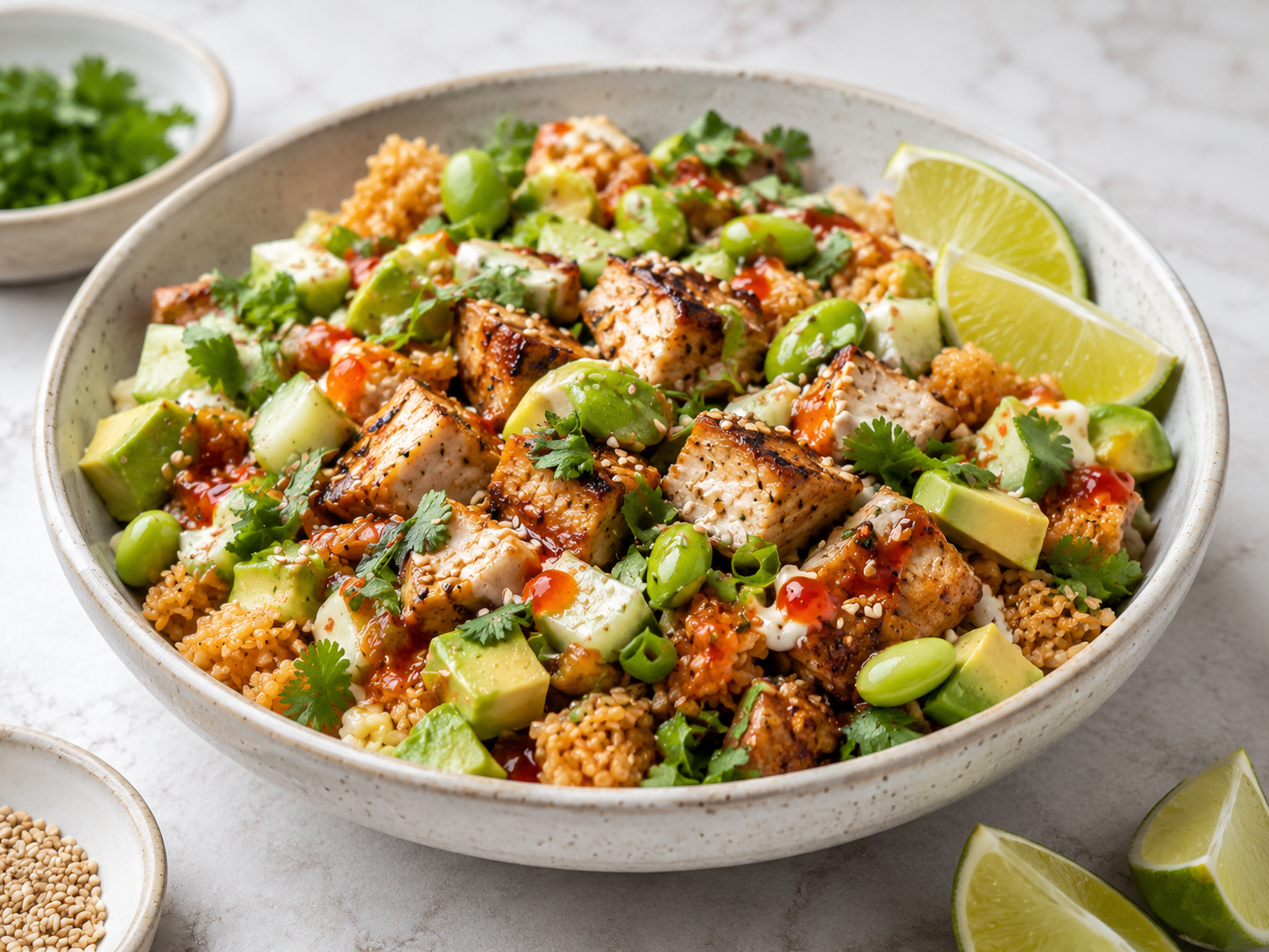 Crispy Rice Chicken Bowl served with crispy rice, grilled chicken, avocado, edamame, cucumber, lime, herbs, sesame seeds, and creamy sauce