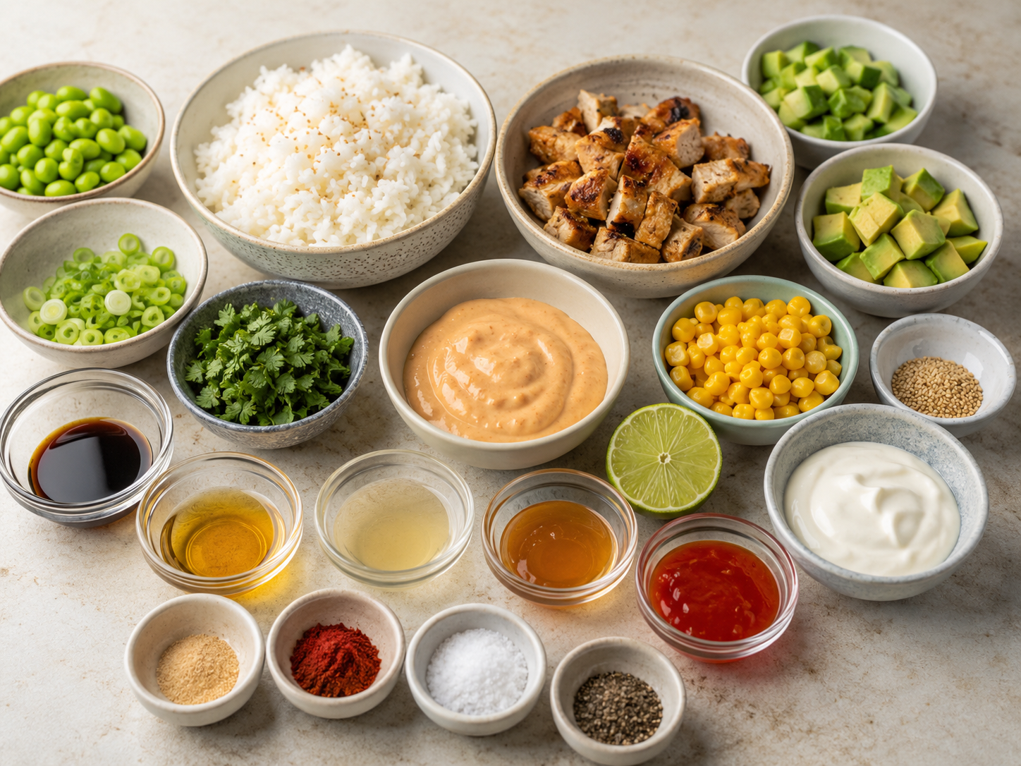 Crispy Rice Chicken Bowl ingredients with jasmine rice, chicken, avocado, cucumber, edamame, corn, herbs, sauces, and spices