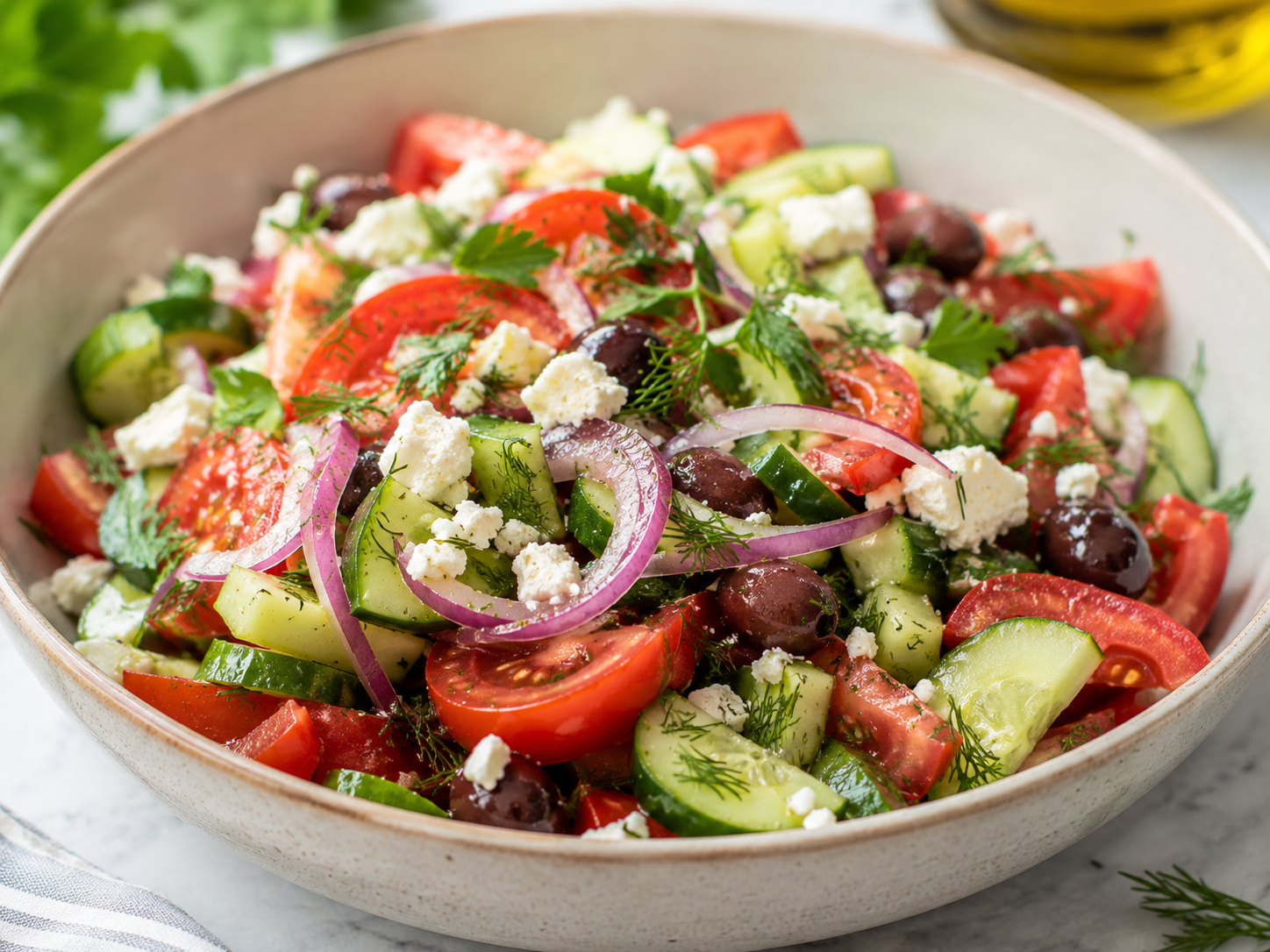 Greek Cucumber Tomato Salad final dish served with feta, olives, fresh herbs, cucumbers, and tomatoes