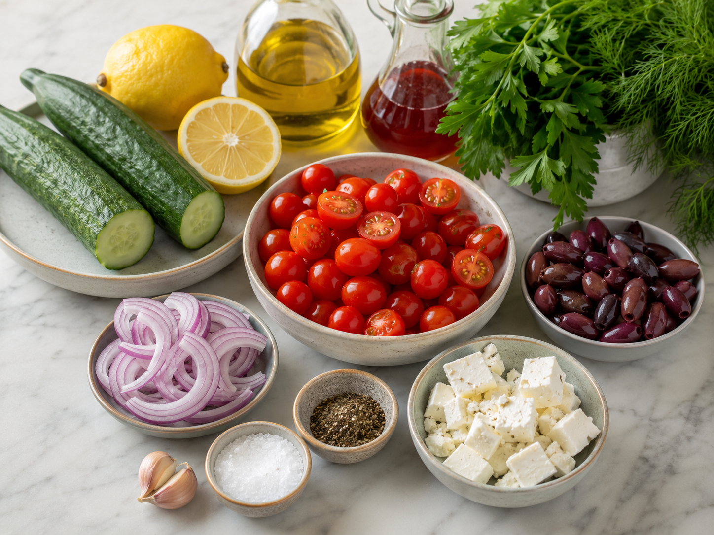 Greek Cucumber Tomato Salad ingredients with cucumbers, tomatoes, feta, olives, herbs, lemon, and olive oil