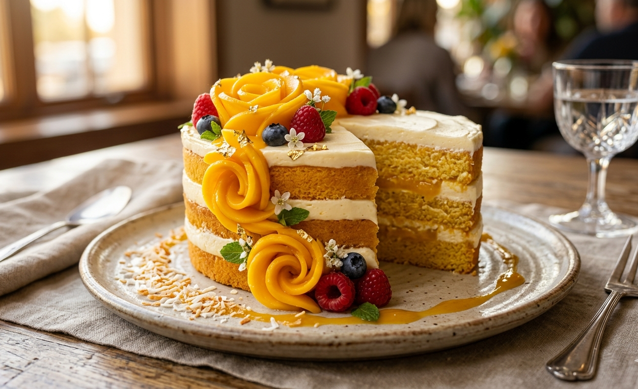 Mango Cake with fresh mango slices, creamy frosting, and tropical garnish