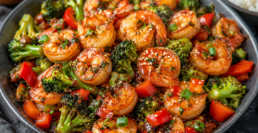 Honey Garlic Shrimp recipe served with broccoli, red bell pepper, green onions, sesame seeds, and rice